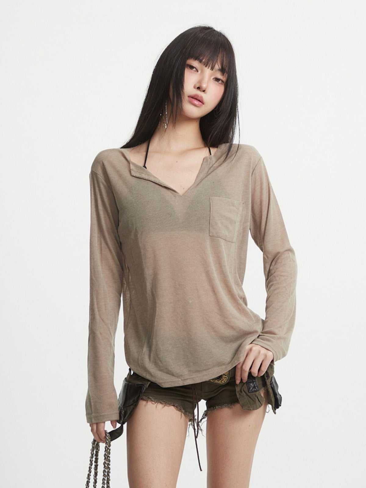 UNCMHISEX Black Cross Print V-neck Women's Long Sleeve T-shirts
