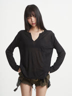 UNCMHISEX Black Cross Print V-neck Women's Long Sleeve T-shirts