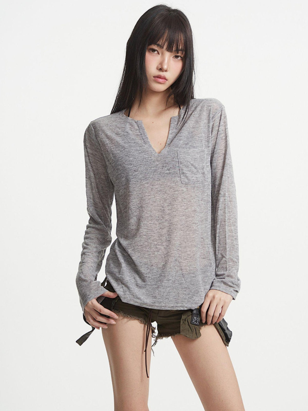 UNCMHISEX Black Cross Print V-neck Women's Long Sleeve T-shirts