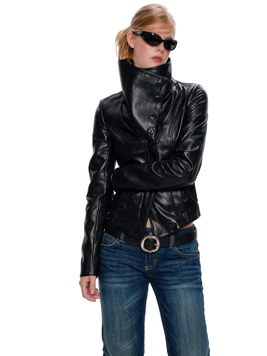 UNCMHISEX Black Stand Collar Spliced Moto Cropped Women's Leather Jackets