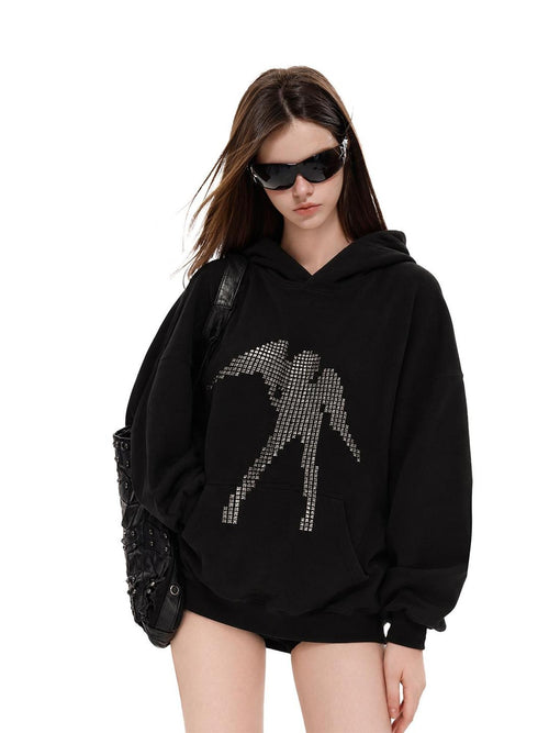 UNCMHISEX Black Studded Print American Loose Fit Women's Hoodies