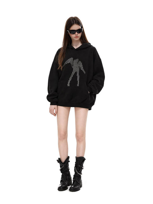 UNCMHISEX Black Studded Print American Loose Fit Women's Hoodies
