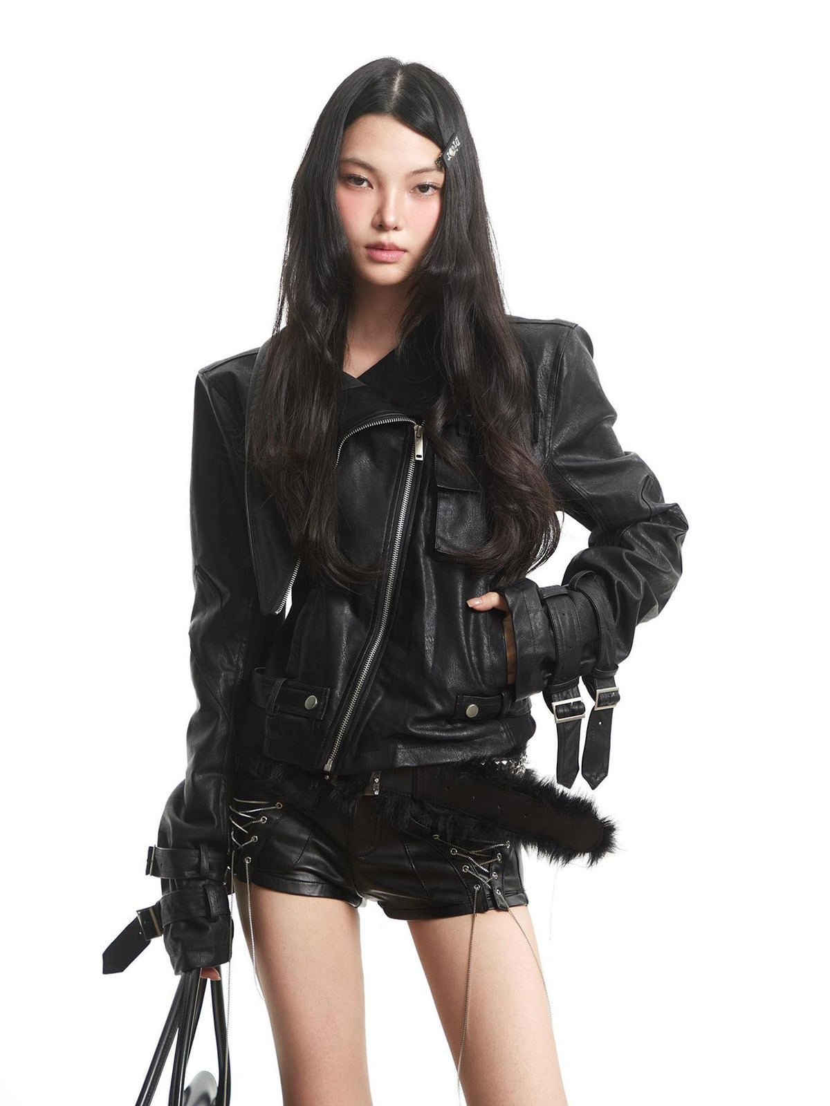 UNCMHISEX Black Zip Slim Fit Stand Collar Women's Leather Jackets