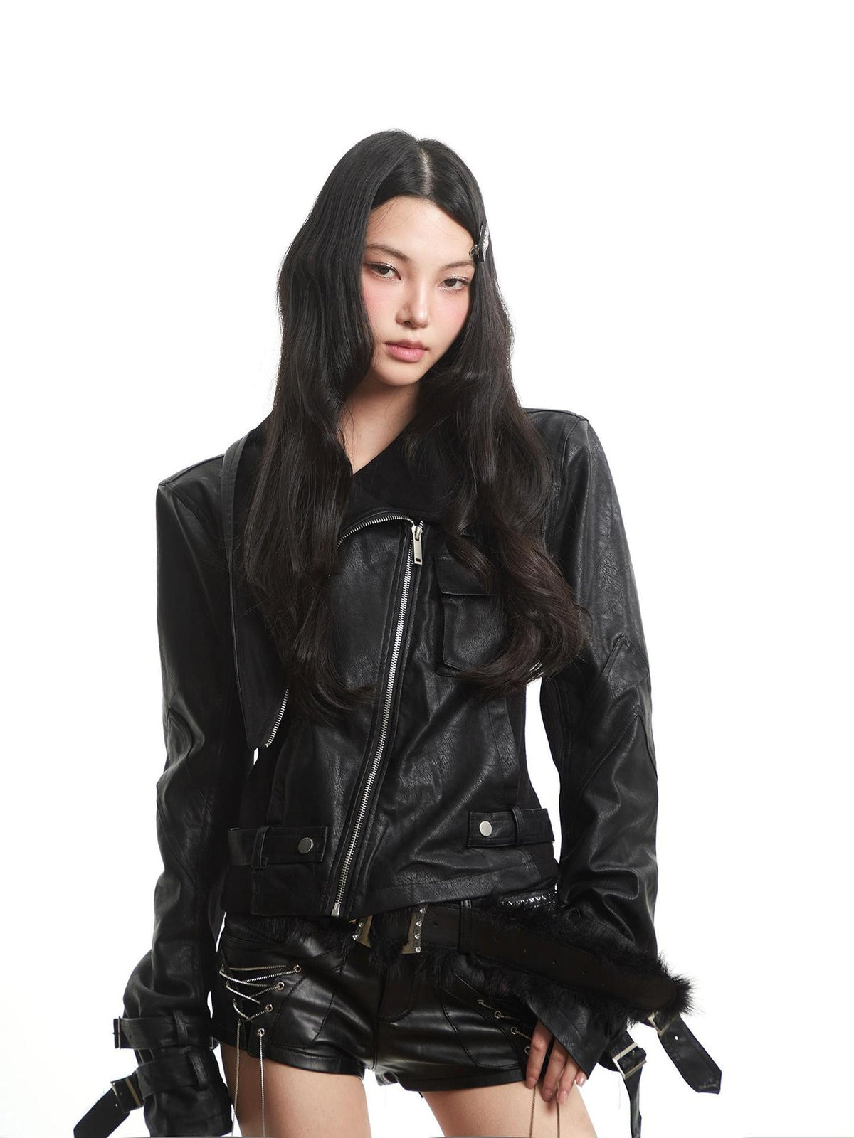 UNCMHISEX Black Zip Slim Fit Stand Collar Women's Leather Jackets