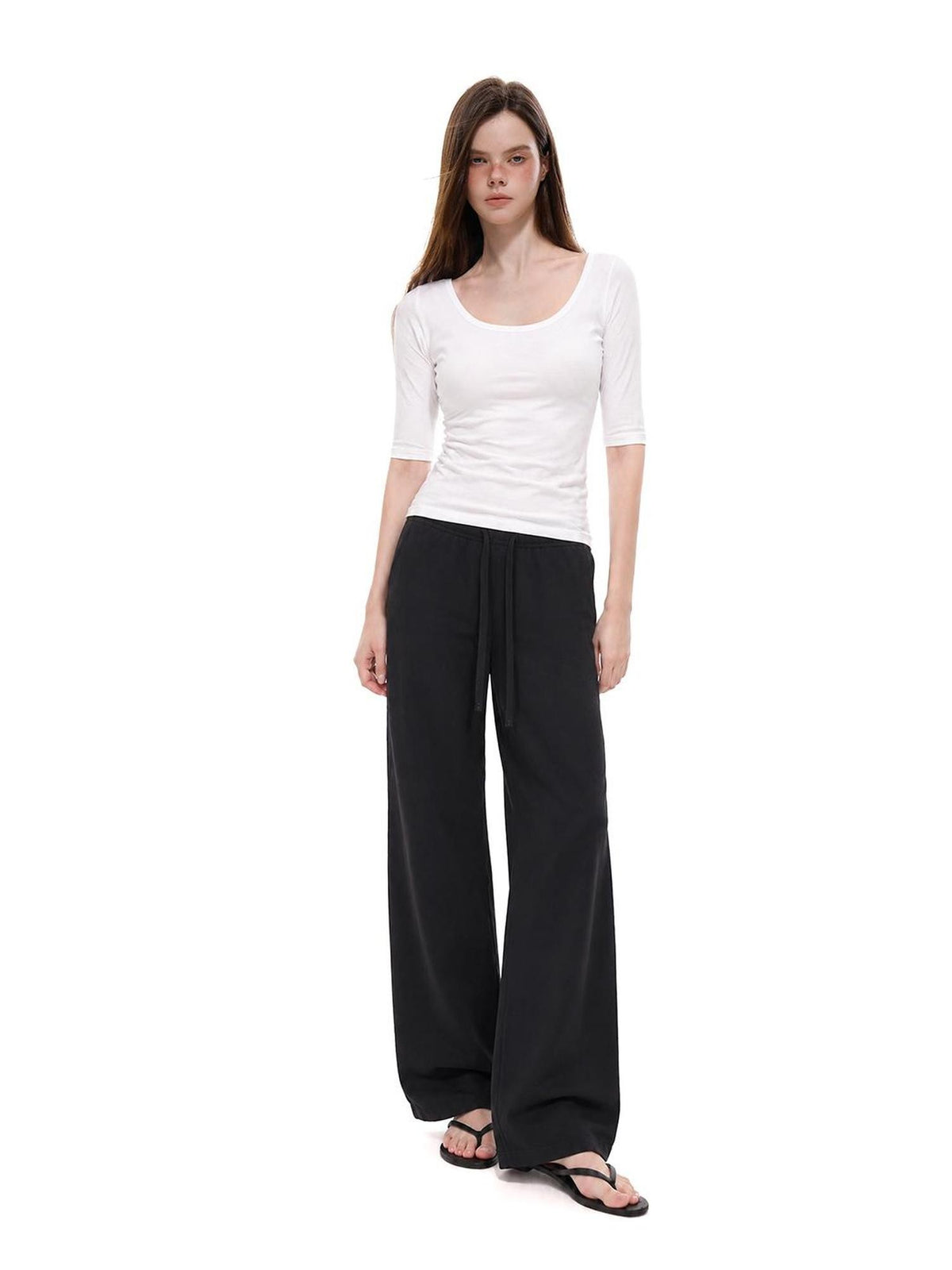 UNCMHISEX Blue Solid Color Low Waist Drawstring Women's Wide-leg Pants