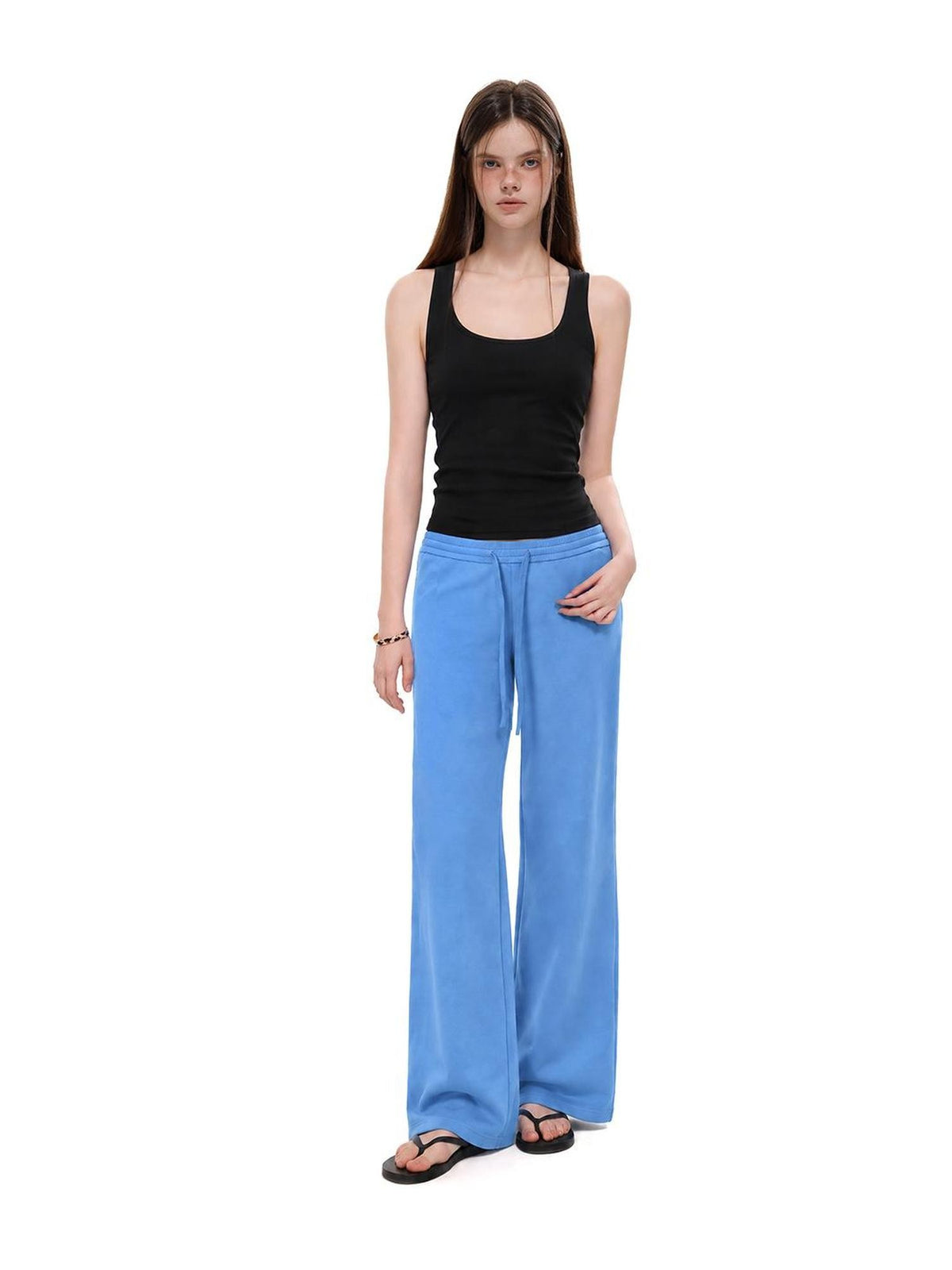 UNCMHISEX Blue Solid Color Low Waist Drawstring Women's Wide-leg Pants