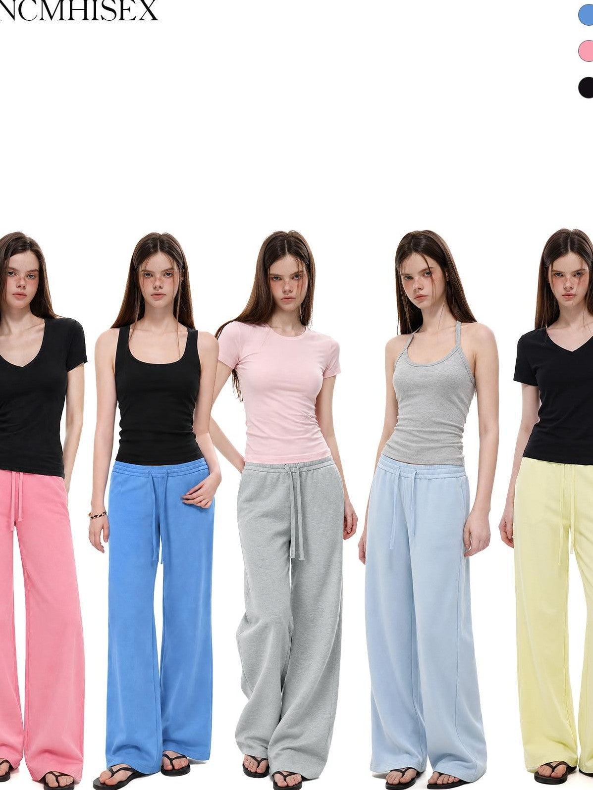 UNCMHISEX Blue Solid Color Low Waist Drawstring Women's Wide-leg Pants