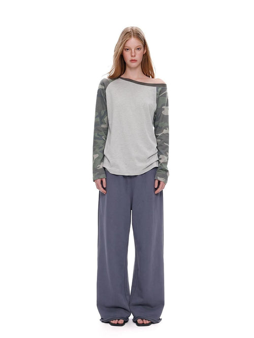UNCMHISEX Camouflage Asymmetric One Shoulder Color Block Loose Women's Long Sleeve T-shirts