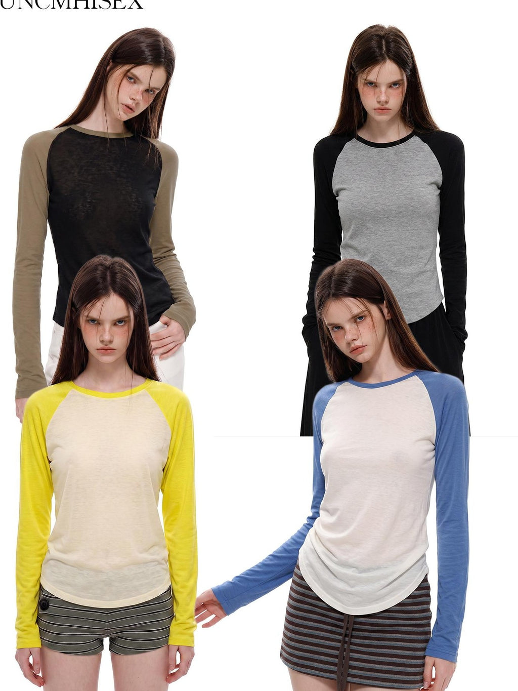 UNCMHISEX Color Block Raglan Sleeve Round Neck Women's Long Sleeve T-shirts