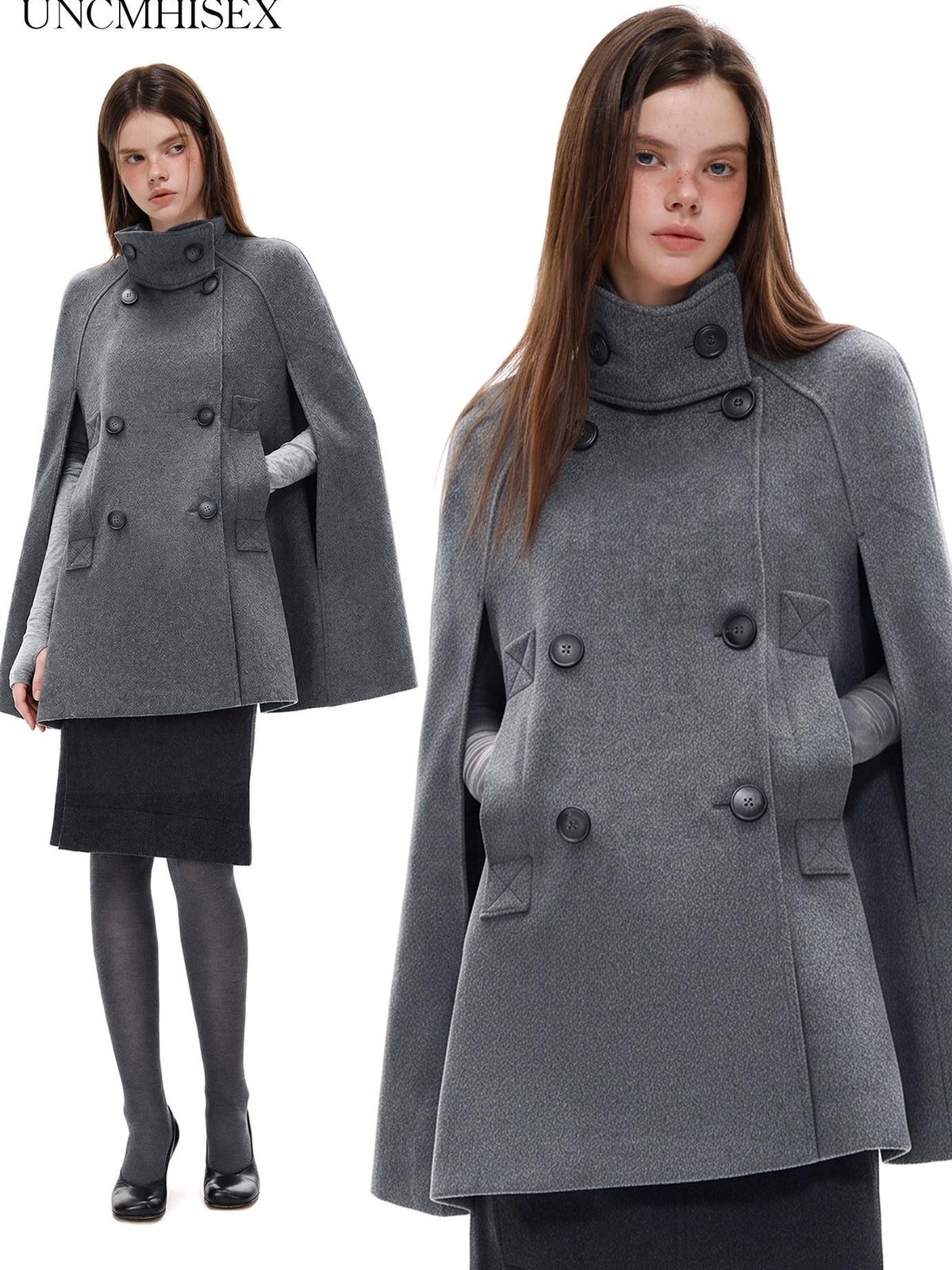 UNCMHISEX Double Breasted Stand Collar Cape Women's Wool Coats