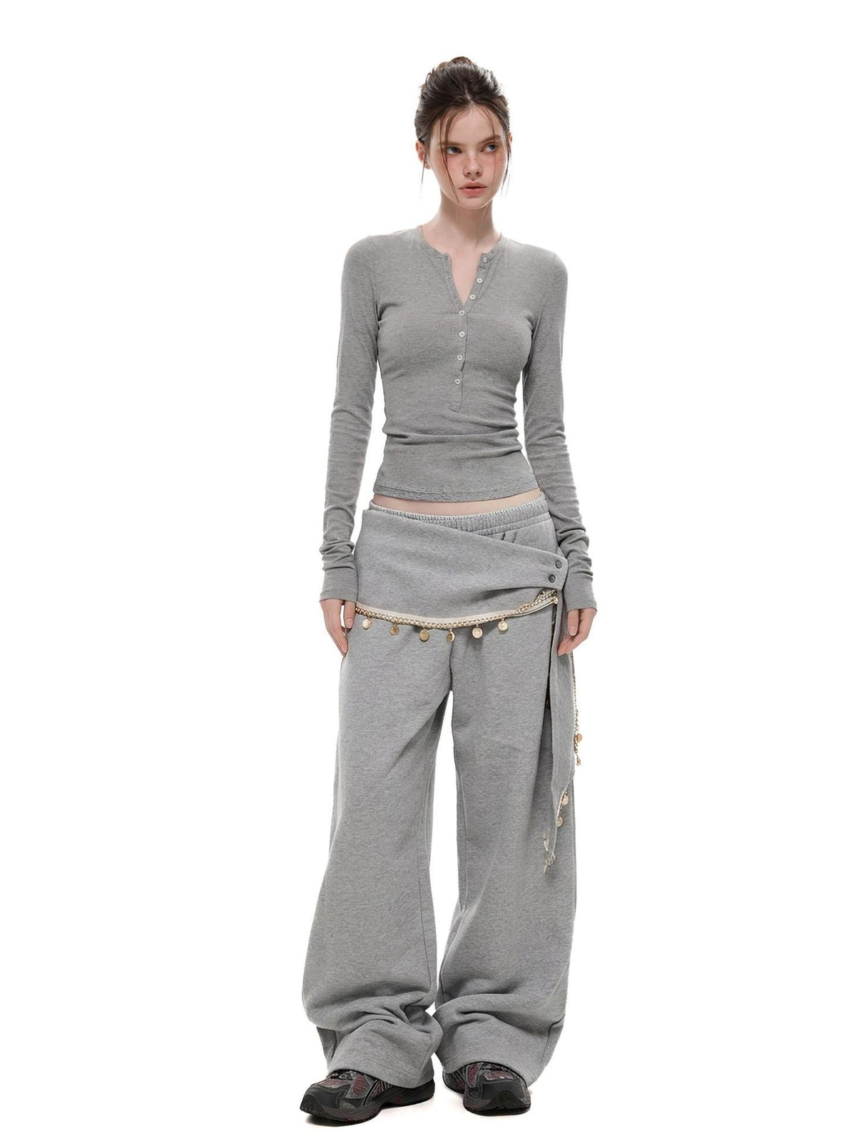 UNCMHISEX Gray Solid Color V-neck Slim Fit Women's Long Sleeve T-shirts