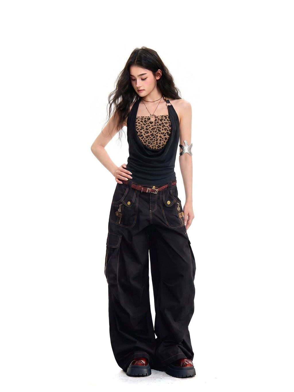 UNCMHISEX Leopard Print Halter Cowl Neck Sleeveless Women's Two Piece Tank Tops