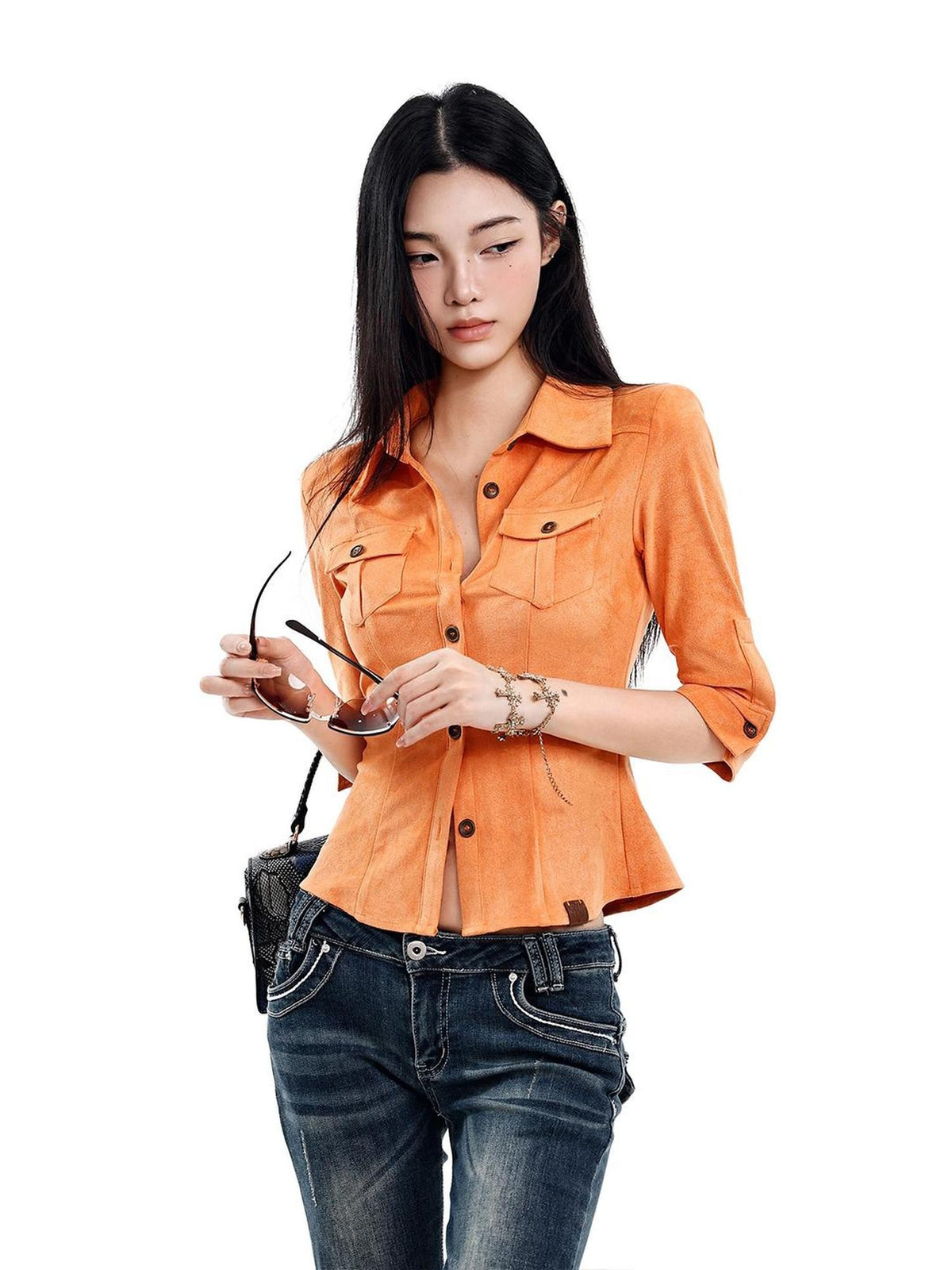 UNCMHISEX Orange Suede Fitted Waist Cinched Half Sleeve Cargo Women's Shirts