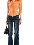 UNCMHISEX Orange Suede Fitted Waist Cinched Half Sleeve Cargo Women's Shirts