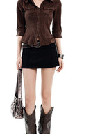 UNCMHISEX Orange Suede Fitted Waist Cinched Half Sleeve Cargo Women's Shirts