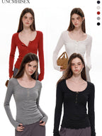 UNCMHISEX Red Raw Edge Henley Neck Slim Fit Women's Long Sleeve T-shirts