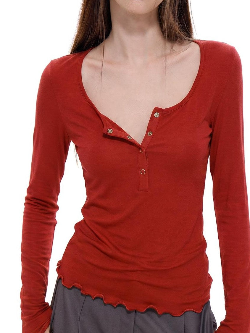 UNCMHISEX Red Raw Edge Henley Neck Slim Fit Women's Long Sleeve T-shirts