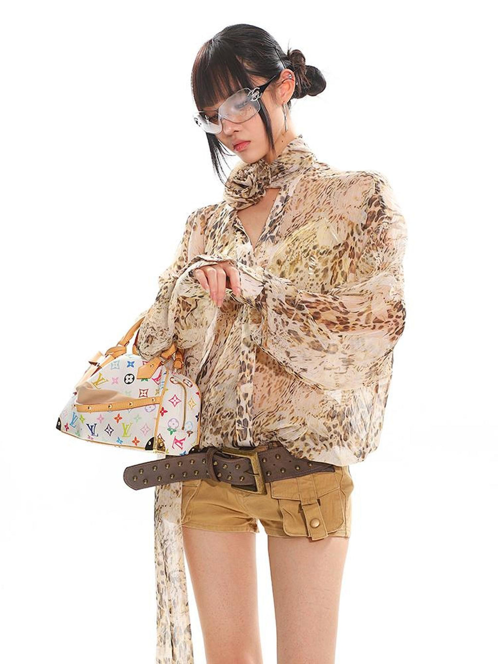 UNCMHISEX Rose Floral Leopard Print Sheer Tie Neck Women's Loose Long Sleeve Blouses