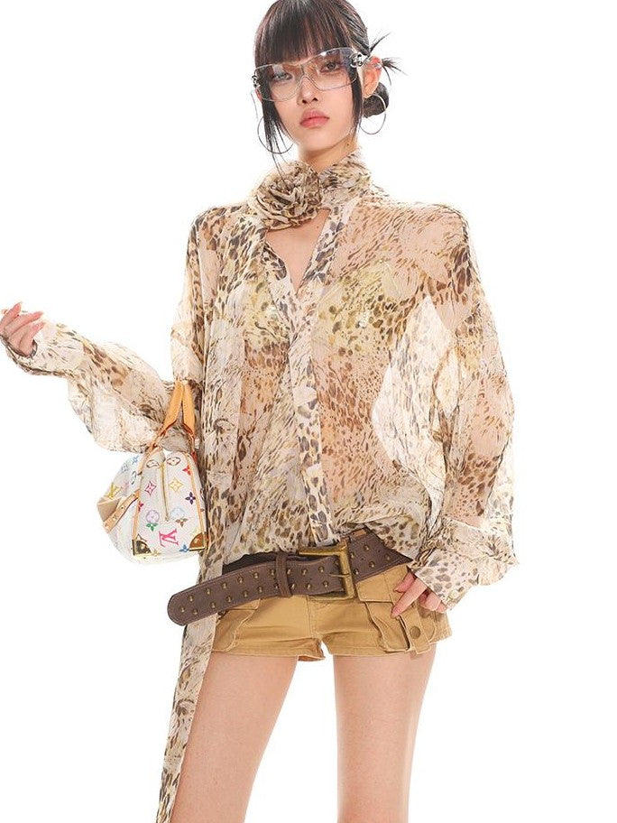UNCMHISEX Rose Floral Leopard Print Sheer Tie Neck Women's Loose Long Sleeve Blouses