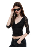 UNCMHISEX Sexy Black Lace V-neck Long Sleeve Slim Fit Women's Crop Tops