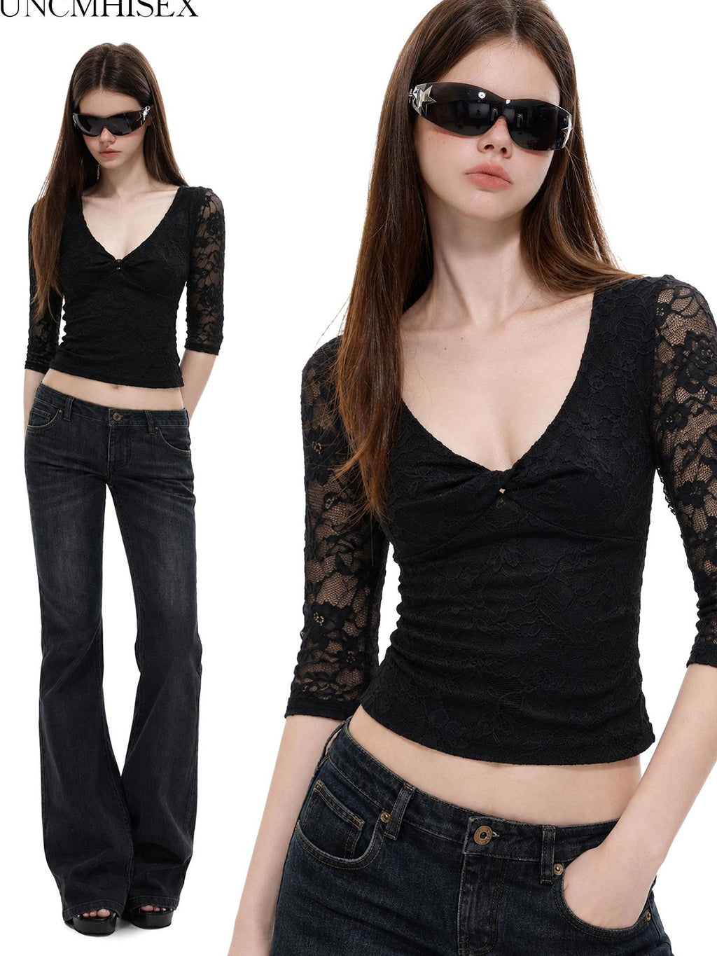 UNCMHISEX Sexy Black Lace V-neck Long Sleeve Slim Fit Women's Crop Tops