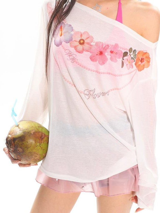 UNCMHISEX Sheer Off Shoulder Floral Print Loose Fit Women's Long Sleeve T-shirts