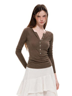 UNCMHISEX Slim Fit Solid Color Button Henley Neck Women's Long Sleeve T-shirts