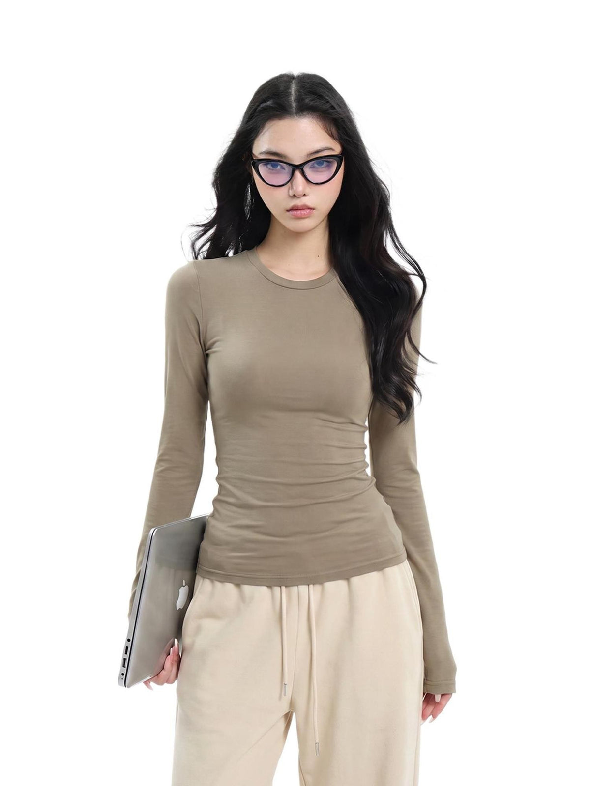UNCMHISEX Slim Fit Solid Color Crewneck Women's Long Sleeve T-shirts