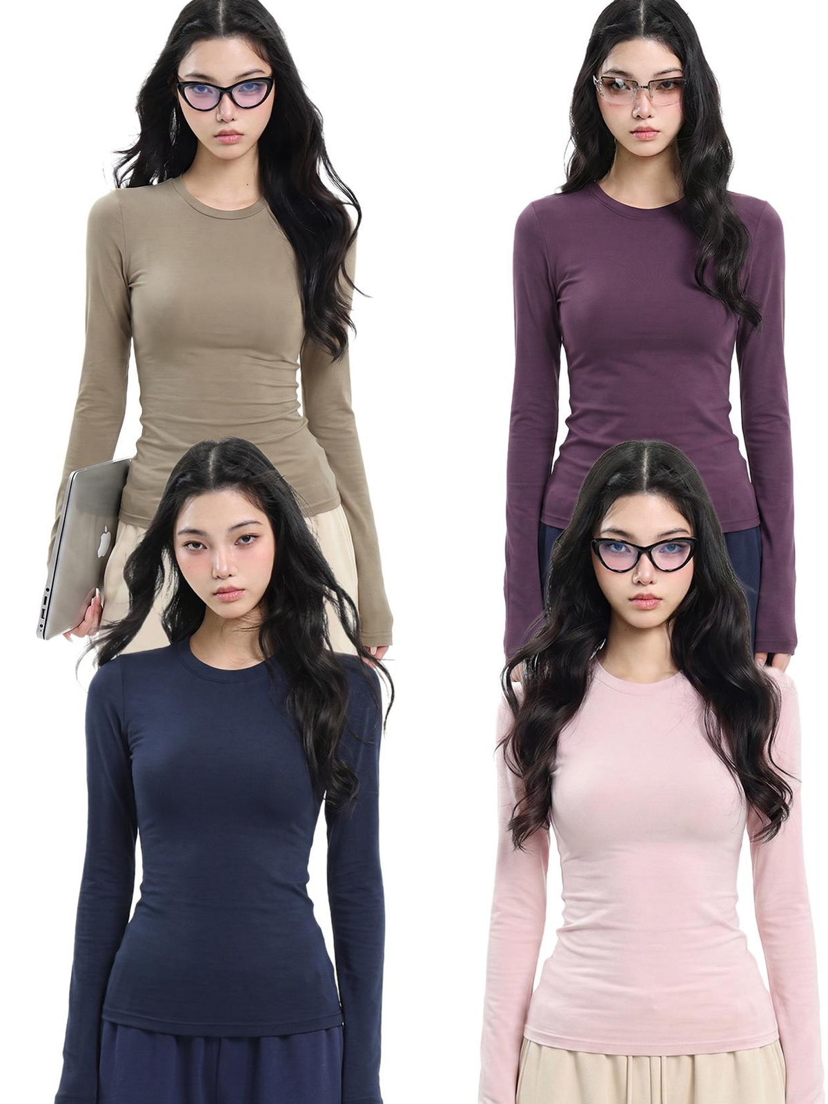 UNCMHISEX Slim Fit Solid Color Crewneck Women's Long Sleeve T-shirts