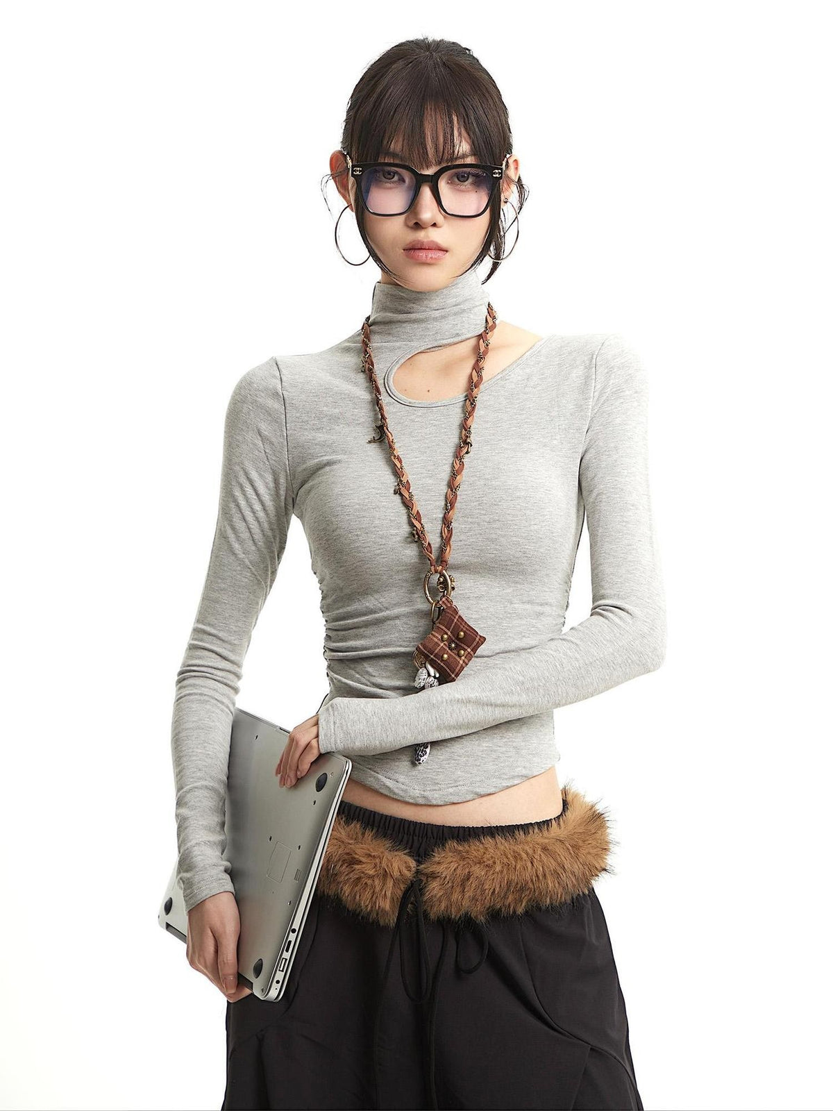 UNCMHISEX Slim Fit Solid Color High Neck Cropped Women's Cotton Long Sleeve T-shirts