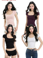 UNCMHISEX Slim Fit Square Neck Solid Casual Women's Cotton Blend Short Sleeve T-shirts