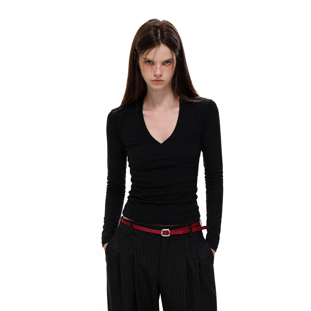 UNCMHISEX_Slim_Fit_V-neck_Solid_Color_Women's_Long_Sleeve_T-shirts_1080610970932_MISSTT