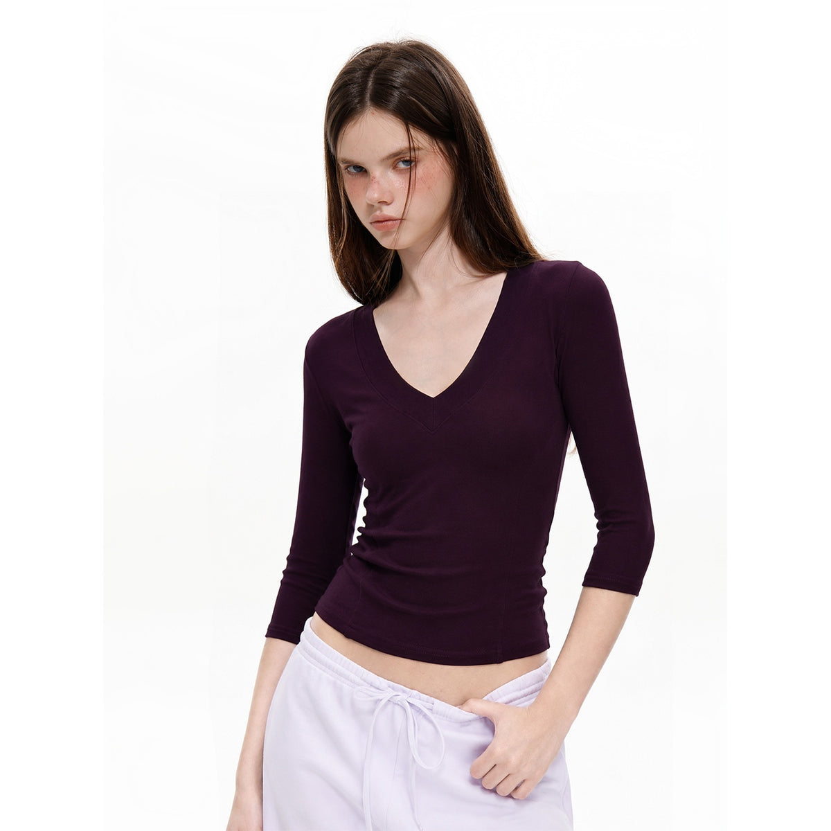 UNCMHISEX_Slim_Fit_V-neck_Solid_Color_Women's_Long_Sleeve_T-shirts_1080610970932_MISSTT