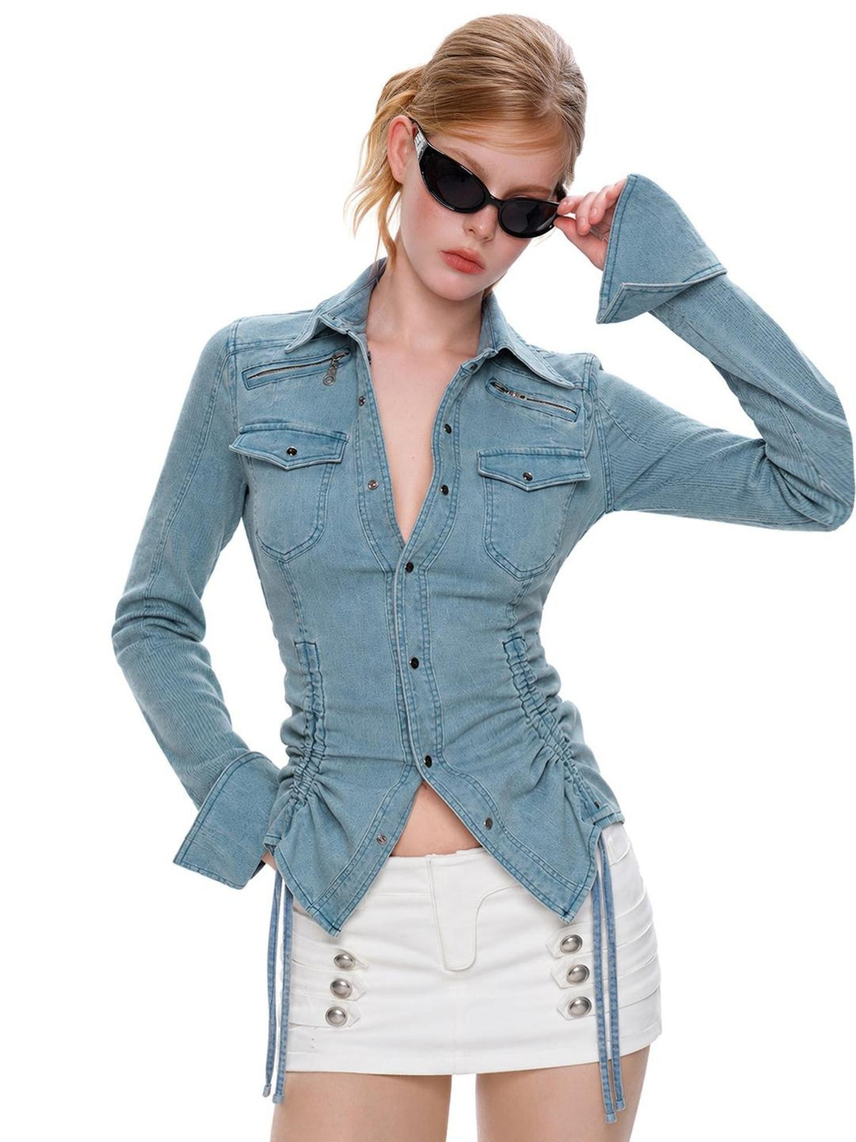 UNCMHISEX Solid Color Drawstring Waist Denim Jacket Slim Fit Long Sleeve Women's Blouses