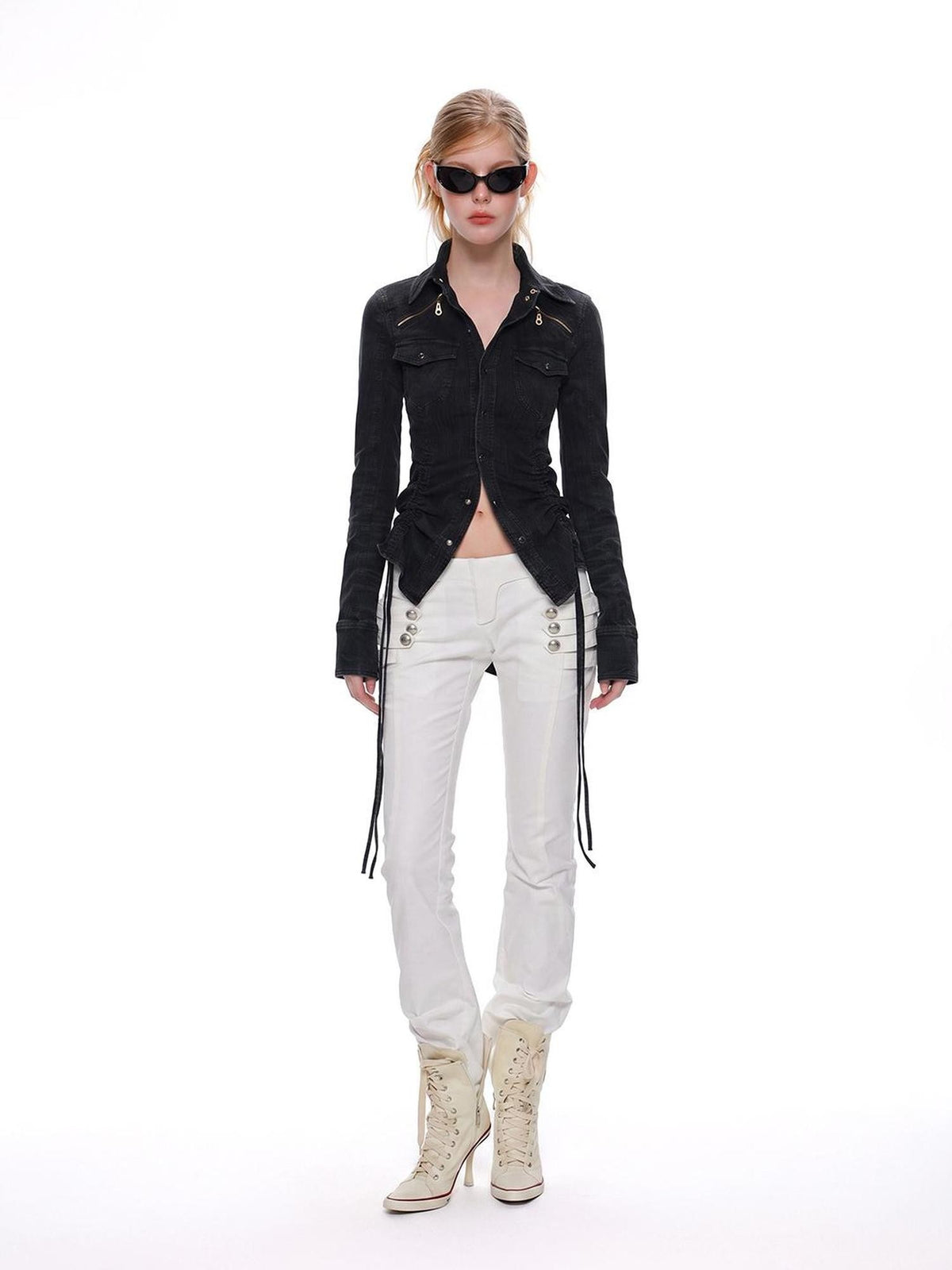 UNCMHISEX Solid Color Drawstring Waist Denim Jacket Slim Fit Long Sleeve Women's Blouses