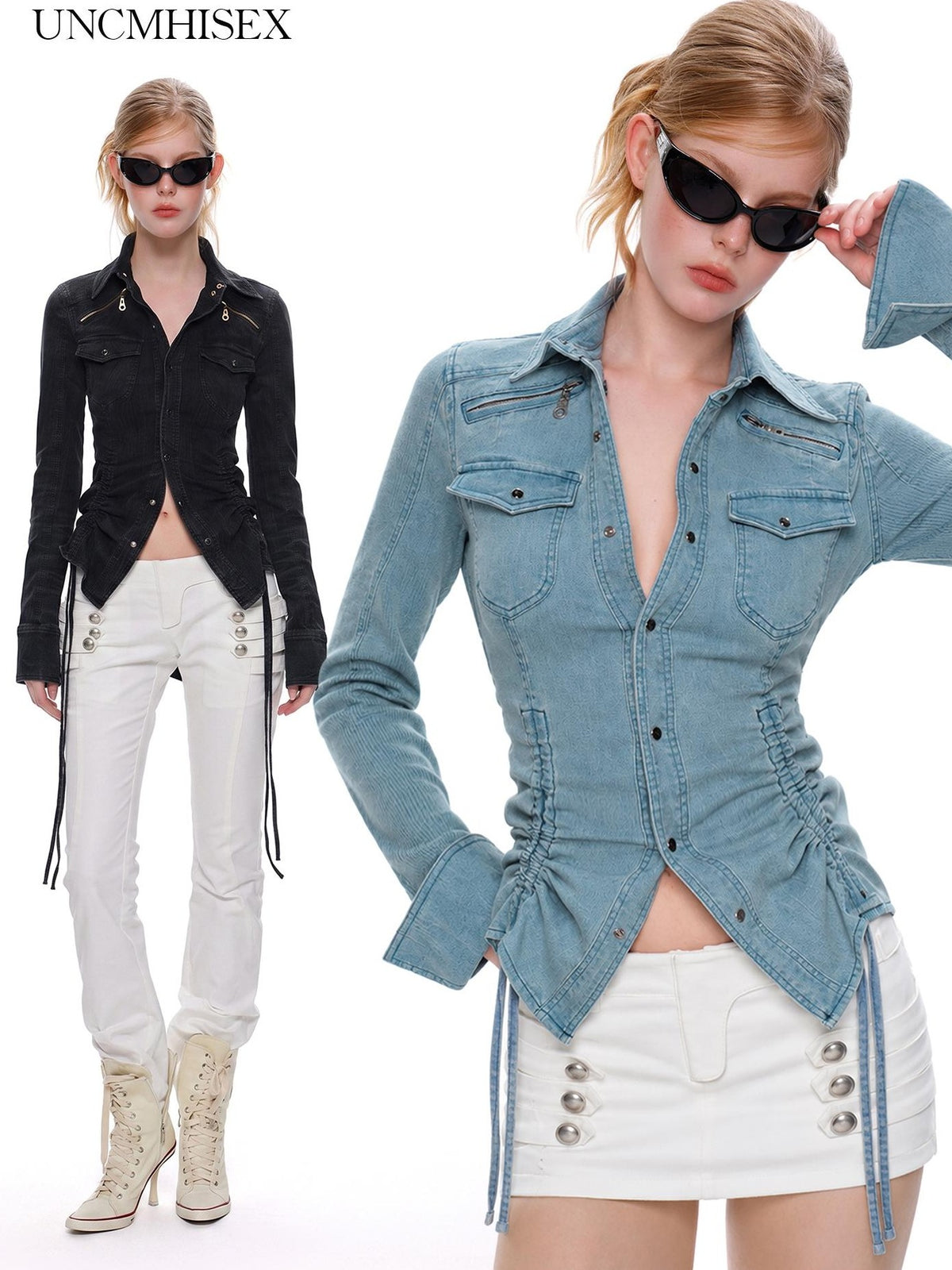 UNCMHISEX Solid Color Drawstring Waist Denim Jacket Slim Fit Long Sleeve Women's Blouses