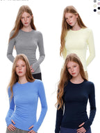 UNCMHISEX Solid Color Knit Round Neck Slim Fit Women's Long Sleeve T-shirts