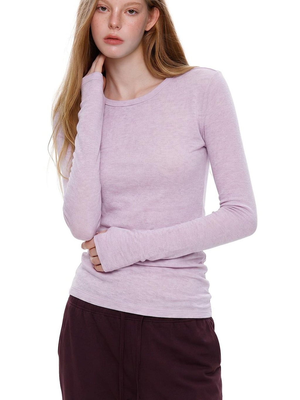 UNCMHISEX Solid Color Knit Round Neck Slim Fit Women's Long Sleeve T-shirts