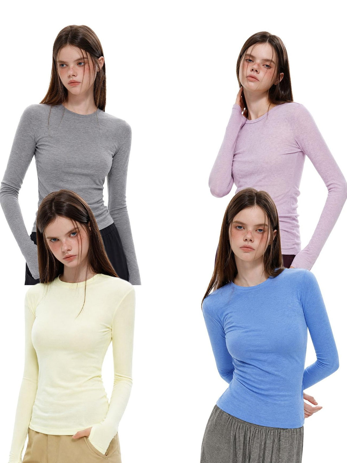 UNCMHISEX Solid Knit Round Neck Slim Fit Women's Long Sleeve T-shirts
