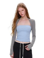 UNCMHISEX Solid Strapless Cape Fake Two Piece Cinched Waist Women's Long Sleeve T-shirts