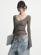 UNCMHISEX Striped U Neck Slim Fit Women's Long Sleeve T-shirts