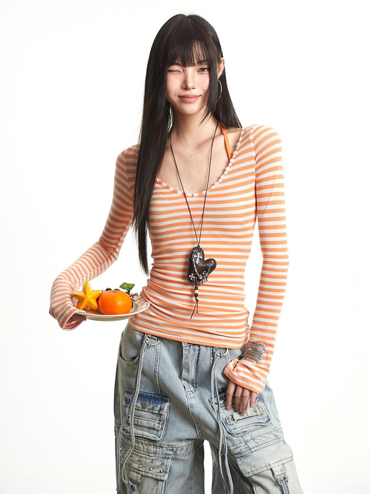 UNCMHISEX Striped U Neck Slim Fit Women's Long Sleeve T-shirts