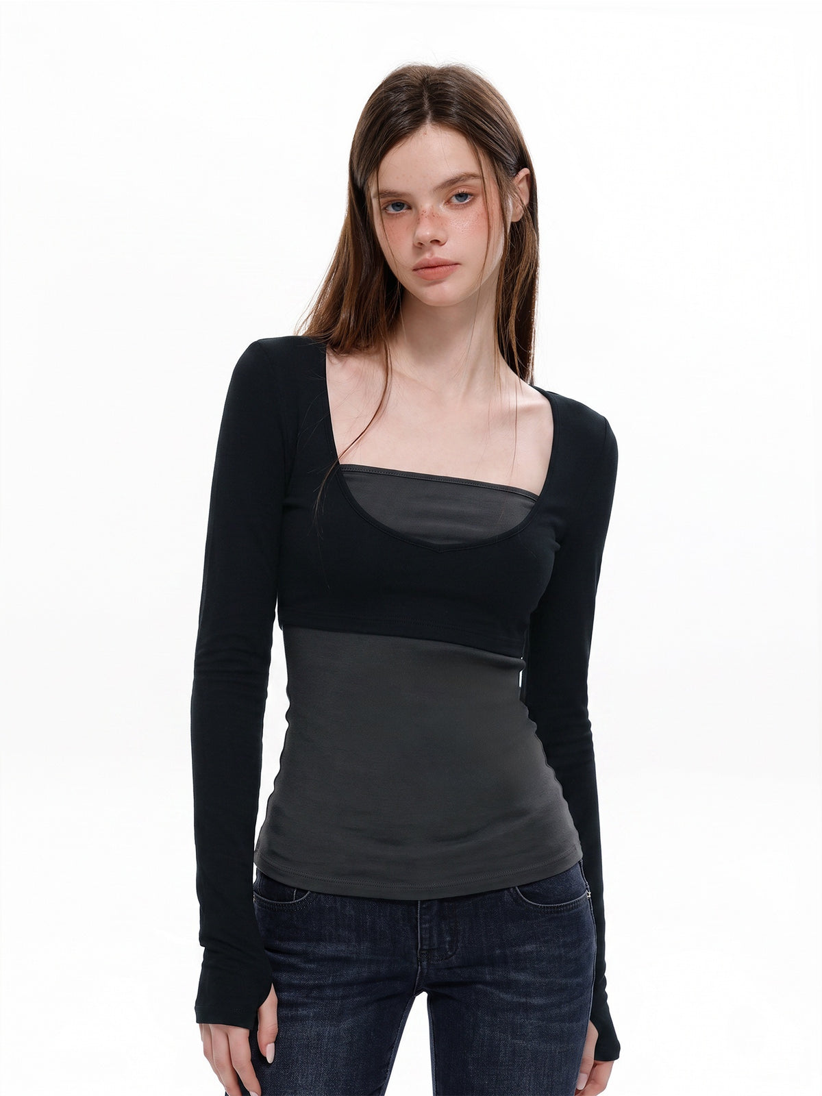 UNCMHISEX_U_Neck_Faux_Two_Piece_Slim_Fit_Solid_Women's_Long_Sleeve_T-shirts_1079351465029_MISSTT