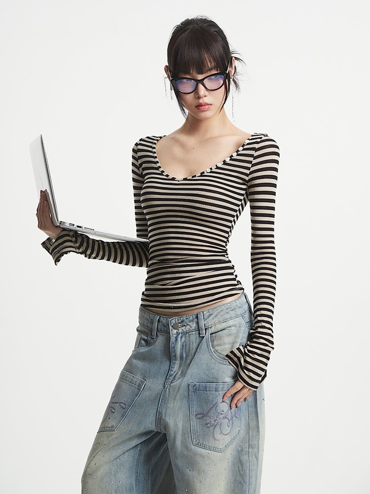 UNCMHISEX_V-neck_Striped_Print_Patchwork_Women's_Lyocell_Slim_Fit_Long_Sleeve_T-shirts_949397134938_MISSTT