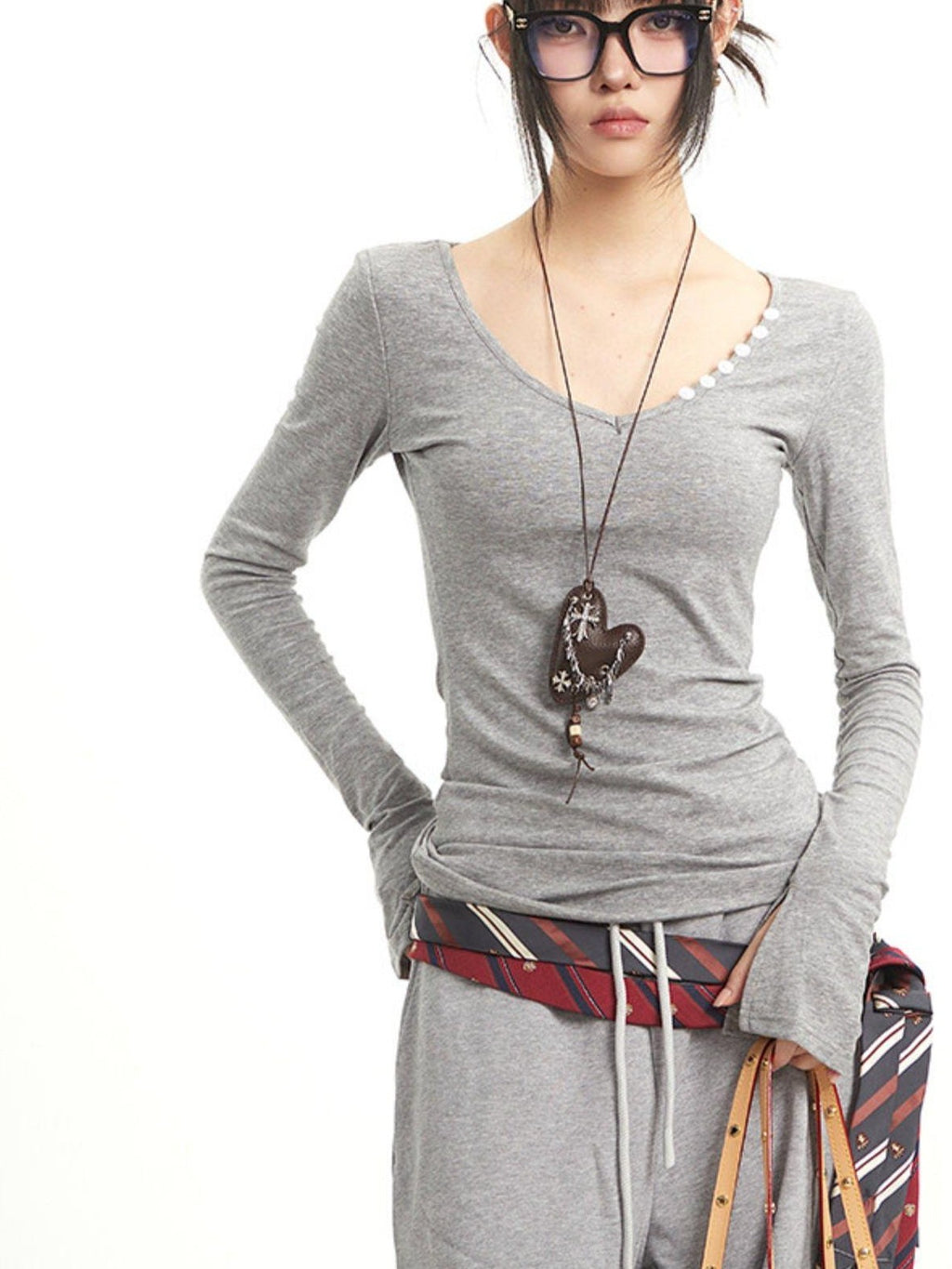 UNCMHISEX V-neck Striped Print Patchwork Women's Lyocell Slim Fit Long Sleeve T-shirts