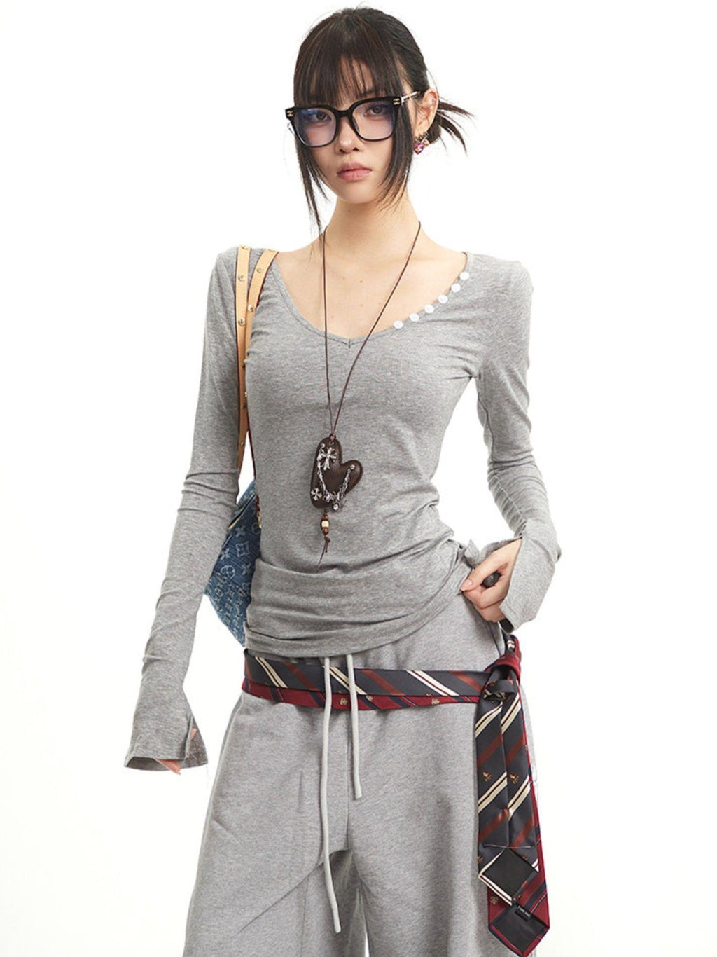 UNCMHISEX V-neck Striped Print Patchwork Women's Lyocell Slim Fit Long Sleeve T-shirts