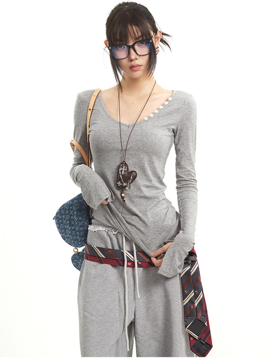 UNCMHISEX V-neck Striped Print Patchwork Women's Lyocell Slim Fit Long Sleeve T-shirts