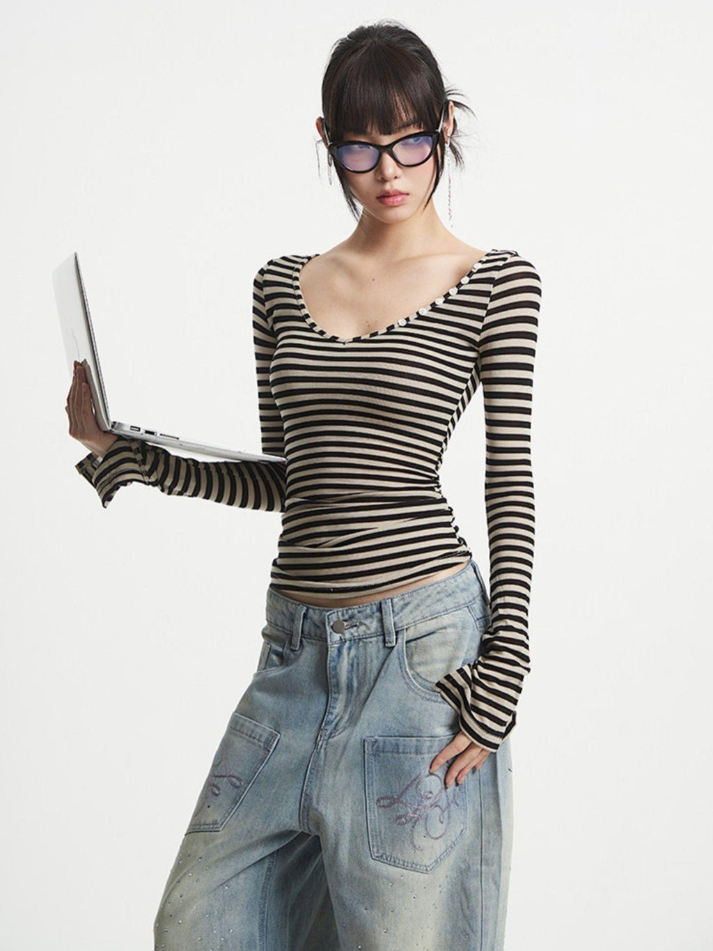 UNCMHISEX V-neck Striped Print Patchwork Women's Lyocell Slim Fit Long Sleeve T-shirts