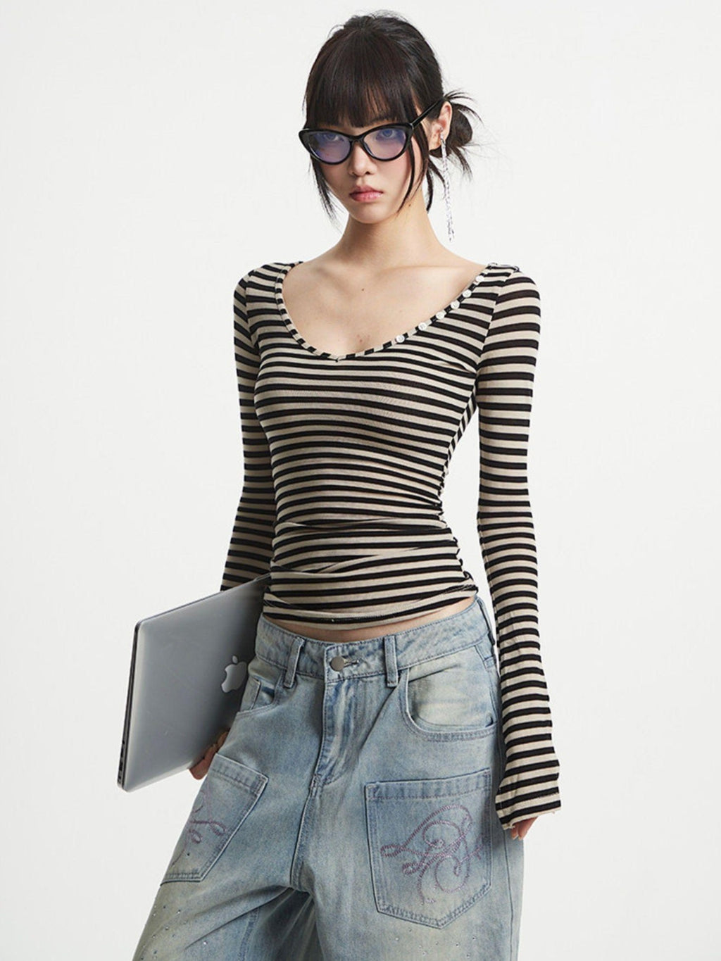 UNCMHISEX V-neck Striped Print Patchwork Women's Lyocell Slim Fit Long Sleeve T-shirts