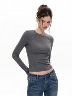 UNCMHISEX White Solid Color Slim Fit Round Neck Women's Long Sleeve T-shirts